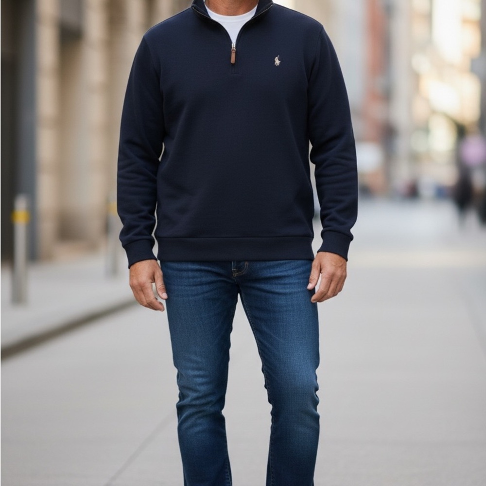 Polo Ralph Lauren Brushed Cotton 1/4 Zip Pullover Sweater Navy Men's XXL Logo - Picture 1 of 8